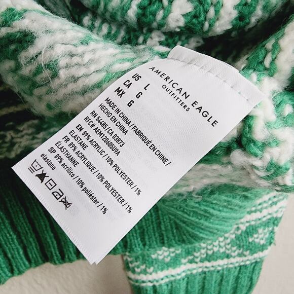 NWT American Eagle Green Fair Isle "Snow Drift" Sweater L Crew Neck - Picture 7 of 9